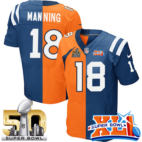 Men's Elite Peyton Manning Super Bowl XLI Nike Jersey Royal Blue/Orange - #18 Super Bowl L Colts/Broncos Split Fashion NFL Indianapolis Colts